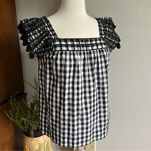 J. Crew Black and White Gingham Square-Neck Blouse with Crochet Sleeves